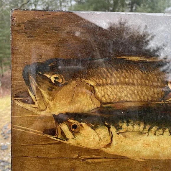 RARE Antique Victorian Flue Cover Fish Trade Advertise Nautical Glass Lithograph